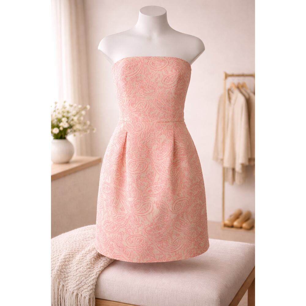 Tulle Strapless Dress S Peach Cream Paisley Fit Flare Pockets Cocktail Mini Prom